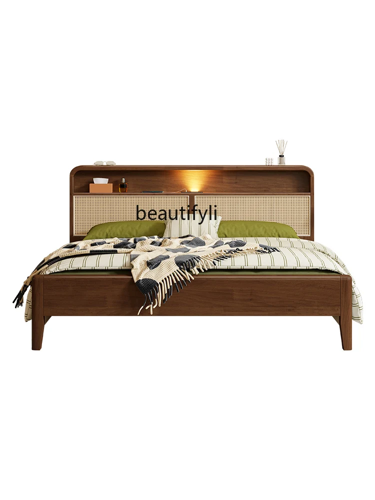 Nordic Solid Wood Rattan Bed Vintage Bed Quiet Style 1.8M Double Bed Modern Minimalist Ancient Style Master Bedroom B & B