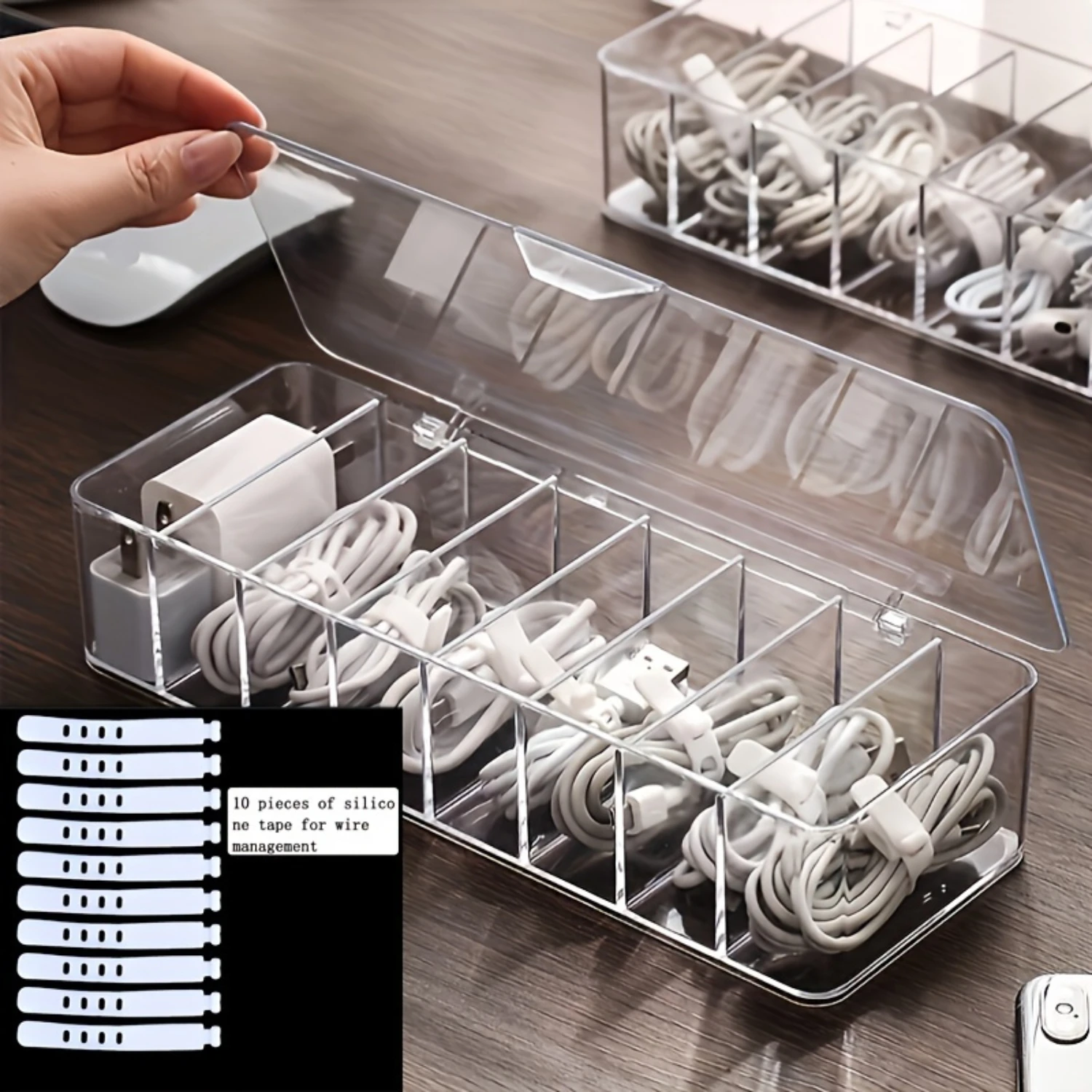 1pc Waterproof Plastic Data Cable  Box with Clear Divider and Silicone Tape for Wire Management - Keep Cords Organized and -Free