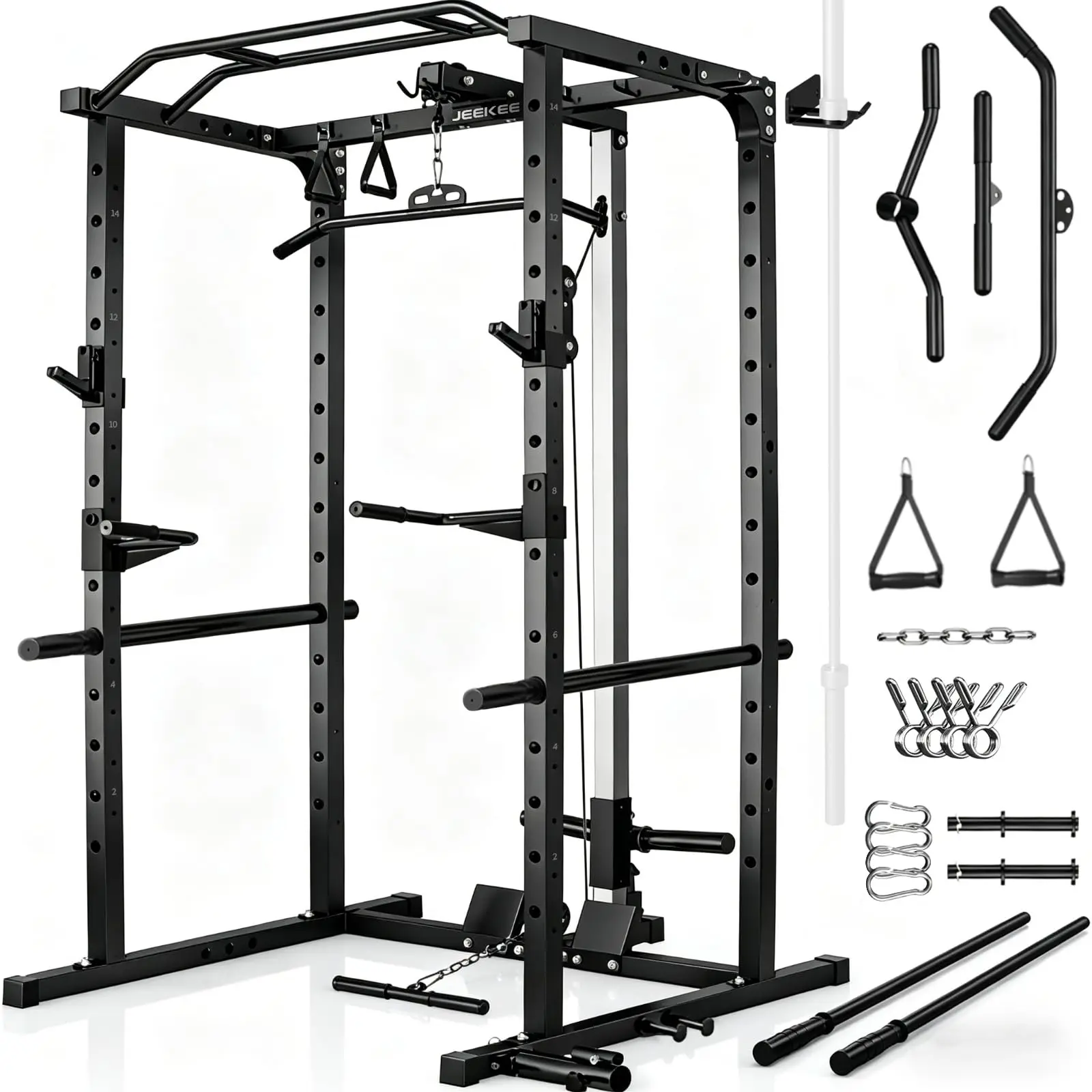 JEEKEE Power Rack with LAT Pulldown, 2000LBS Power Cage with Cable System, Multi-Function Squat Rack with J-Hooks