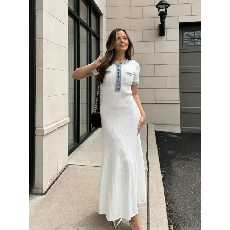 

Elegant Contrasting Women Knit Maxi Dress Chic O-neck Short Sleeve Metal Buttons Bodycon Dresses 2024 Office Lady Commuting Robe