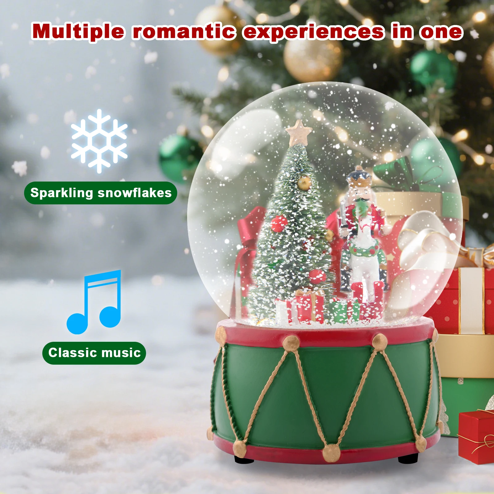 

Musical Snow Globe with Unique Percussion Drum Base & Horseback Soldiers , Perfect Collector Christmas Gift