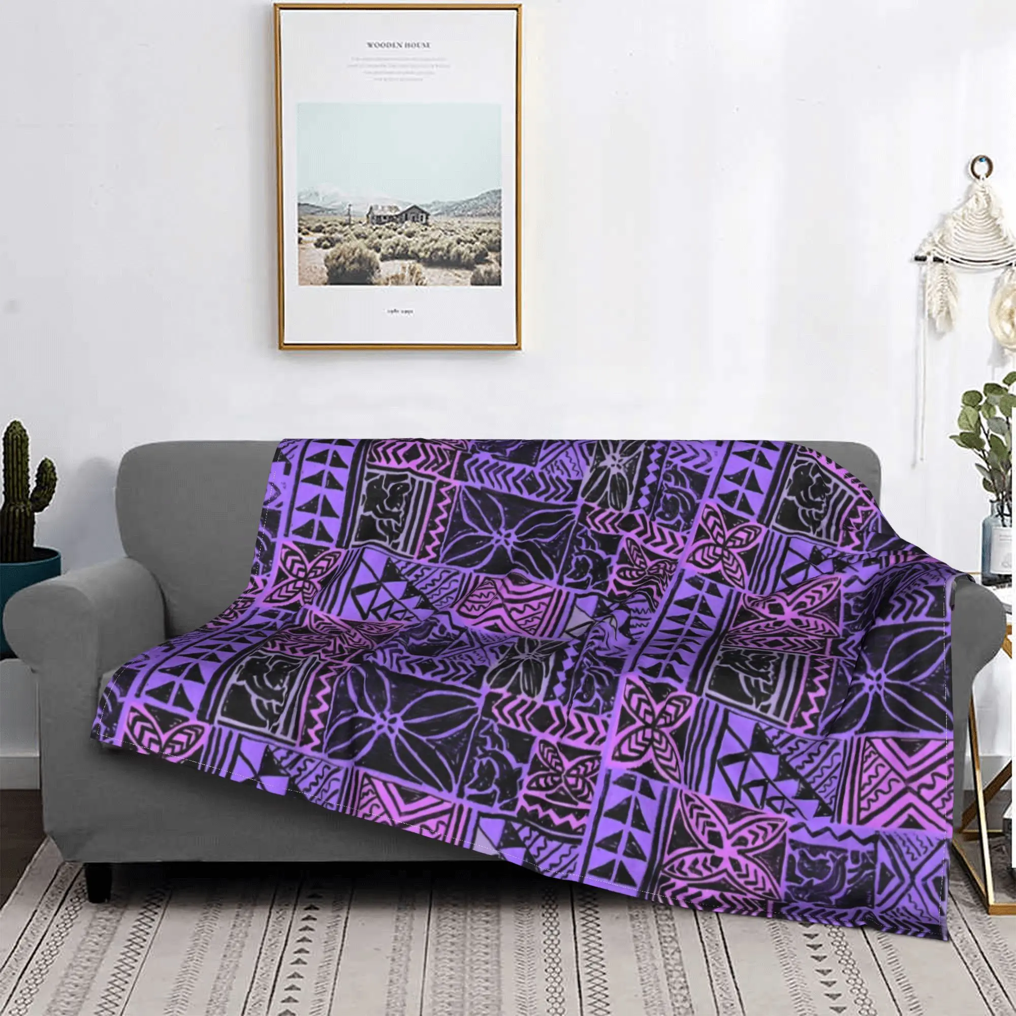 Polynesian Tongan Orchid Tapa Blanket Fleece Spring Autumn Tribal Multi-function Lightweight Throw Blankets for Travel Bedspread