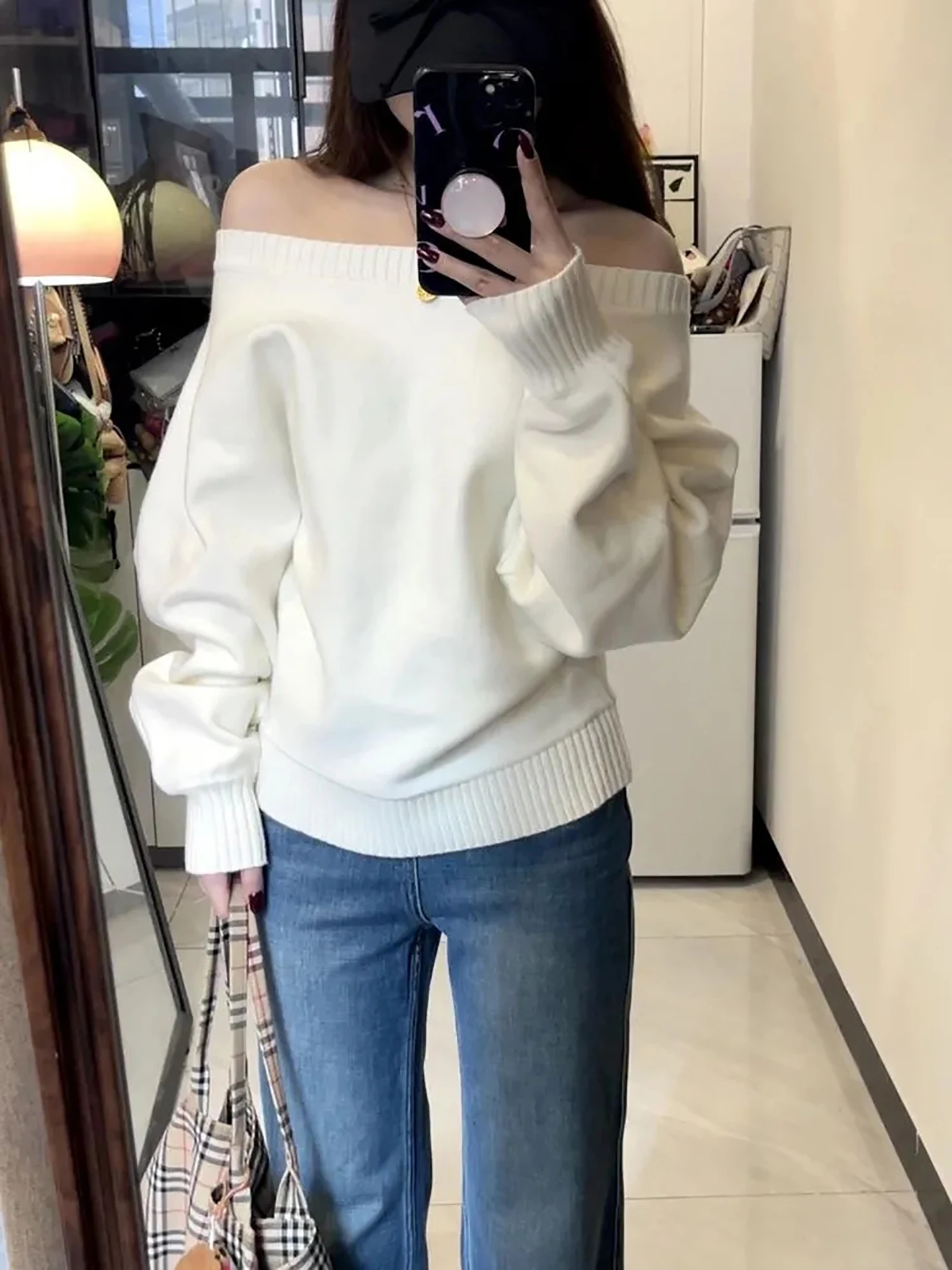 Ele محبوك سترة المرأة oulder Bared فضفاضة تناسب مائل طوق حصيرة Sle تنوعا الخريف الشتاء Faion