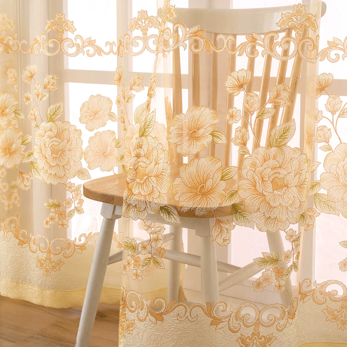 1pc Floral burnt-out Sheer Curtain,Grommet,Simple and Luxury Style Tulle for the Living Room,Pastoral Flower Design Voile
