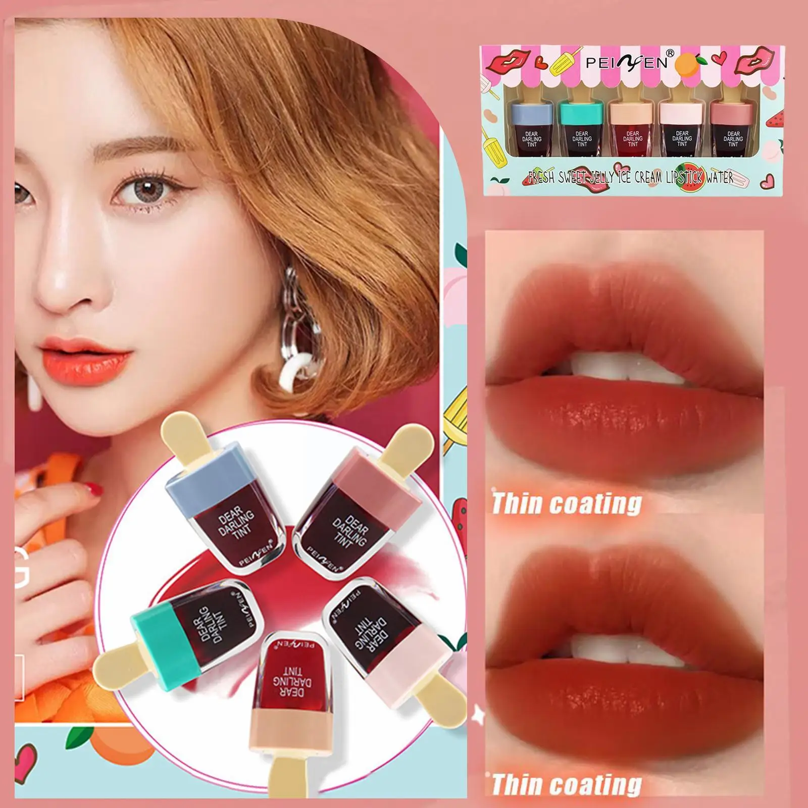 5 Colors/set Cute Ice Cream Fruit Lip Glaze Waterproof Cup Liquid Lasting Matte Velvet Lipstick Long Lip Non-stick Mirror G E5K6