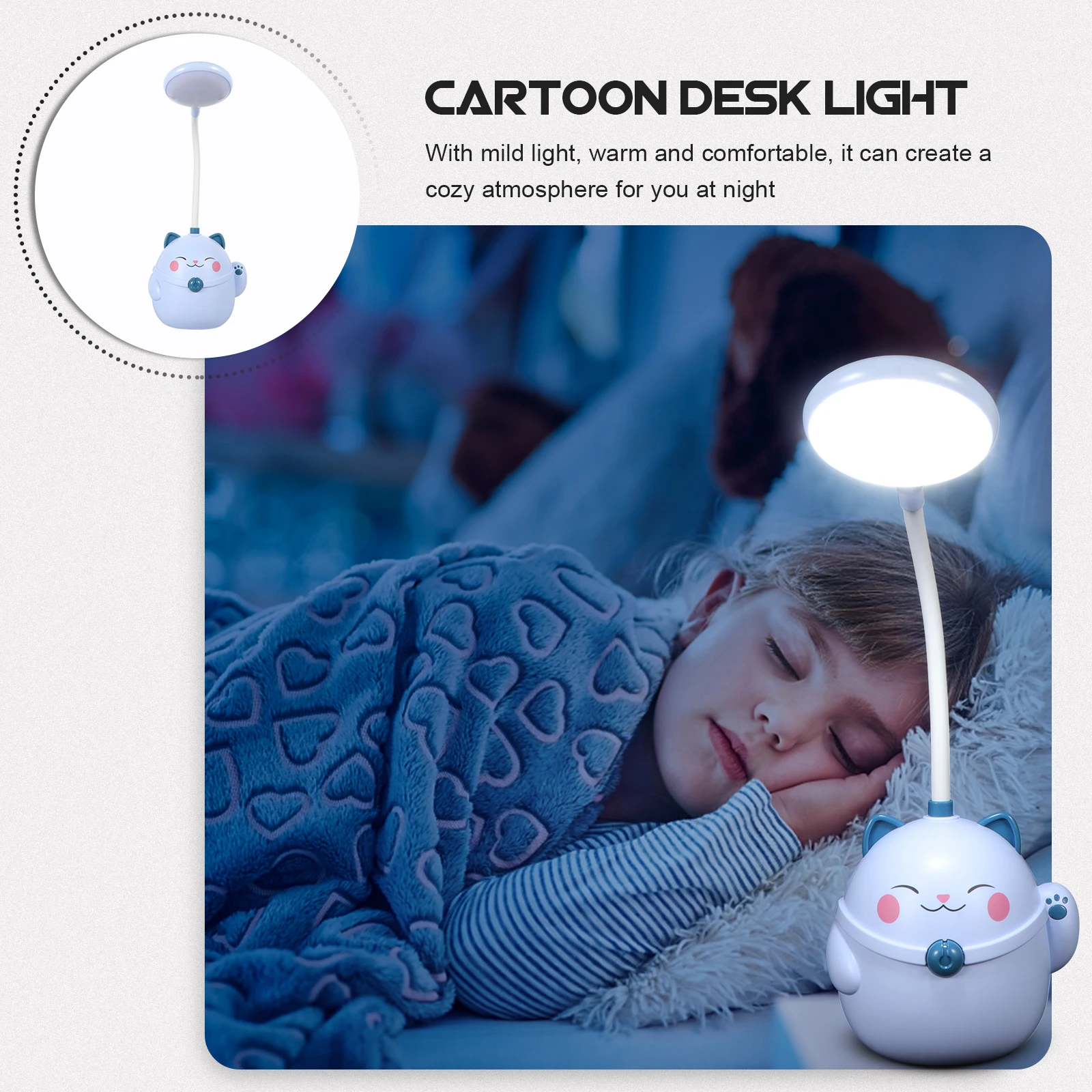 

USB Charging Desk Lamp Lucky Cat LED Bedside Lamp Pen Holder Eye Protection Student Study Light Reading Home Office Lighting