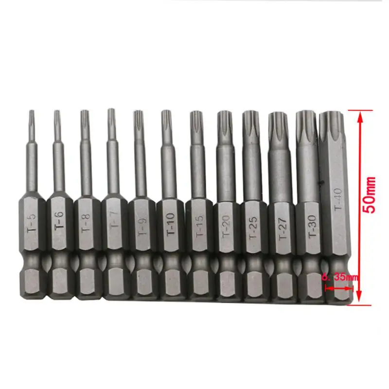 12Pcs 1/4" Hex Torx Head 50mm Alloy Screw Driver Bits Magnetic Set T5-T40 Electric Screwdriver Tool Set