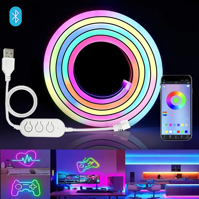 شريط إضاءة بحبل نيون LED بالبلوتوث ، مزامنة الموسيقى ، RGB Dreamcolor ، شريط للغرفة ، ديكور الألعاب