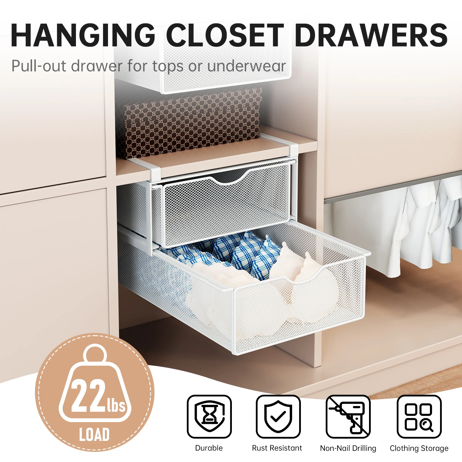 Wardrobe Double-Layer Drawer Storage Box Pull-Out Type Underwear Multi-Layer Clothing Closet Box No-Drill Clothing Pants Hanging Organizer