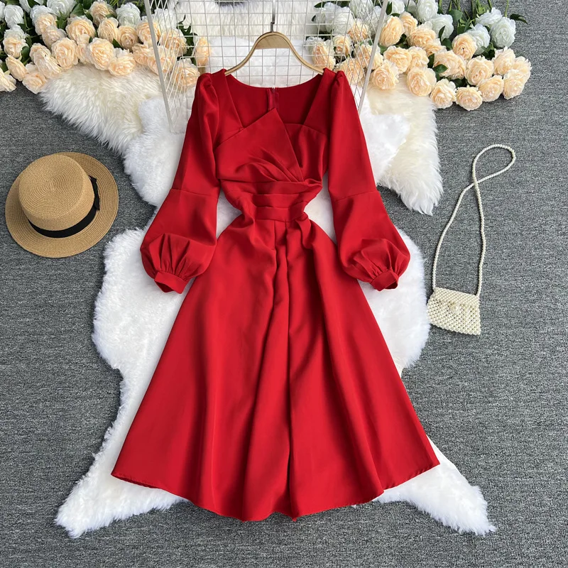 

French Vintage Square Neck Midi Dress Women 2021 Sexy Elegant Ladies Party Club Evening Dress Bodycon Bandage Slim Full Dress