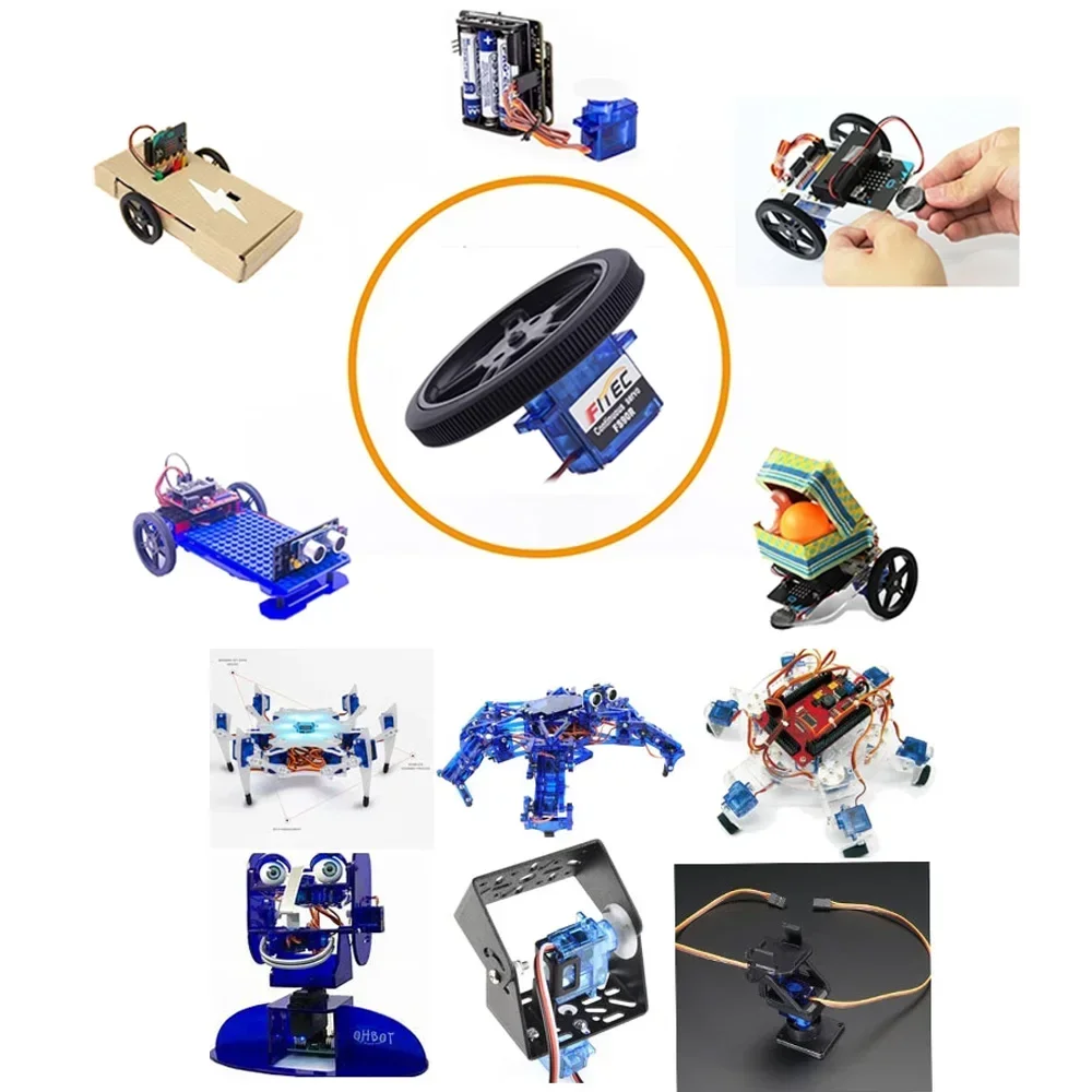 Micro Servo e Rodas Pneus para Arduino, Rotação Contínua de 360 Graus, 6V, 1.5kg, Apto para Carro Inteligente, Microbit, Robô, RC Drone, Gimbal, 4Pcs, FS90R