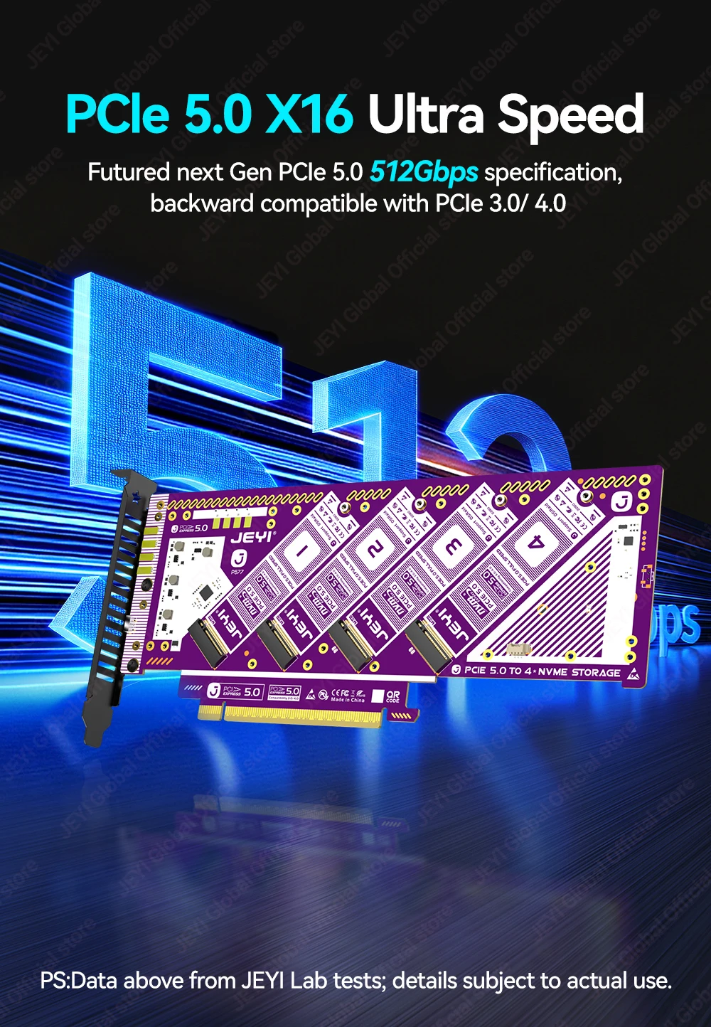 JEYI 4-Bay PCIe 5.0 X16 Quad M.2 Erweiterungskarte NVMe RAID 0/1/5/JBOD Adapter 512 Gbit/s Geschwindigkeit 8 TB pro SSD Kompatibel PCIe 4.0/3.0 – Detail 2