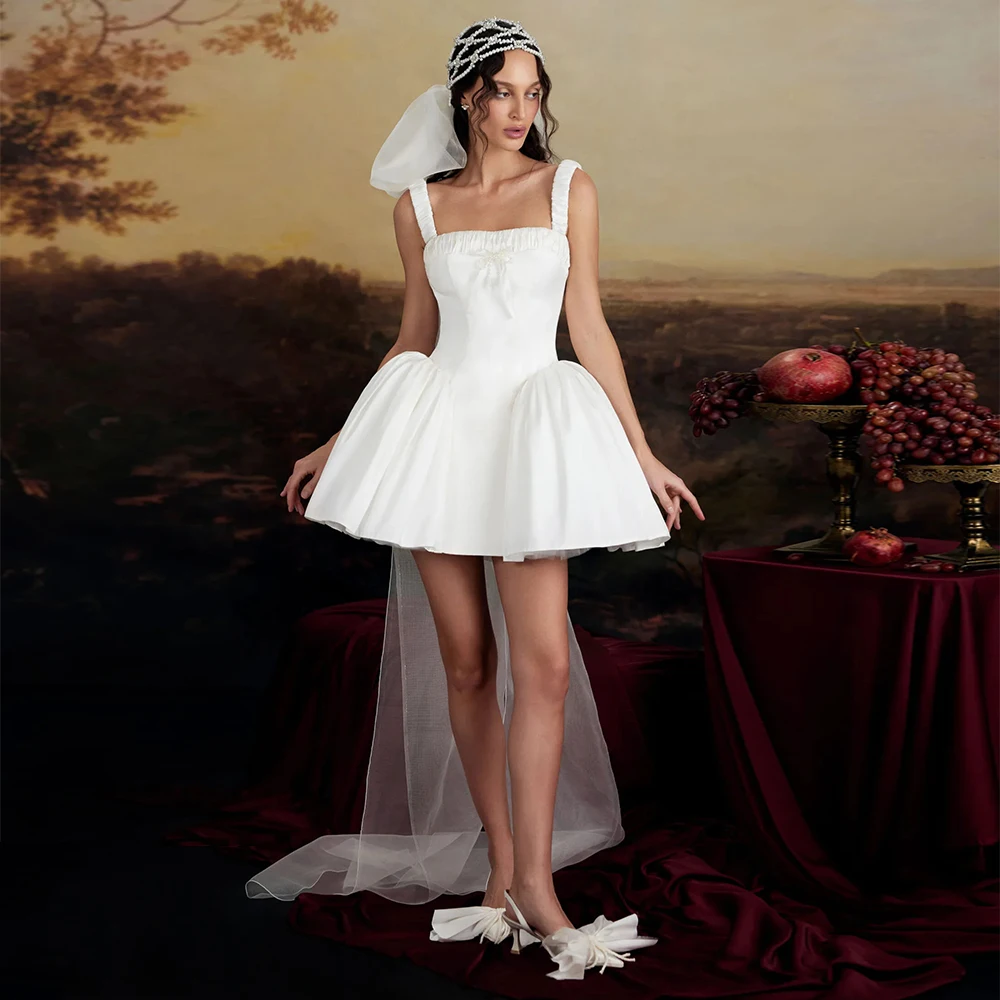Customized Modern Wedding Dress Mini Square Collar Sleeveless A Line Short Wedding Gowns Puffy Pearls Bow Ivory Bridal Dresses