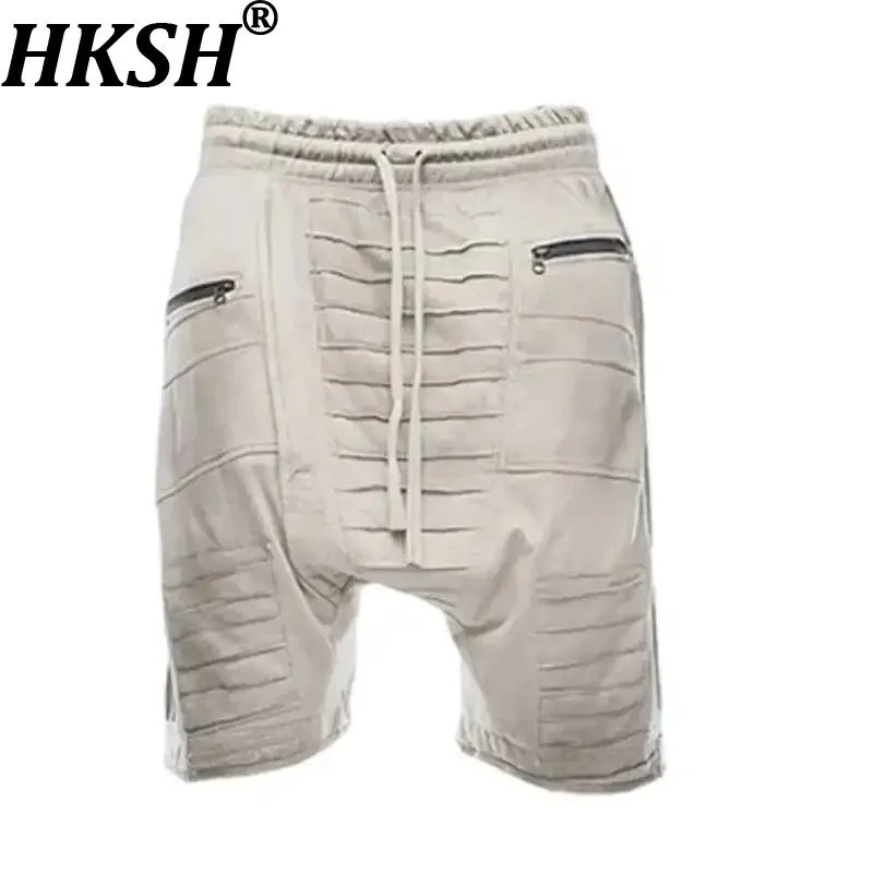 HKSH Waste Land Asymmetric Pleated Niche Deconstruction Dirty Dye Half Length Pants Punk Chic Capris Patchwork Sweatpants HK4197