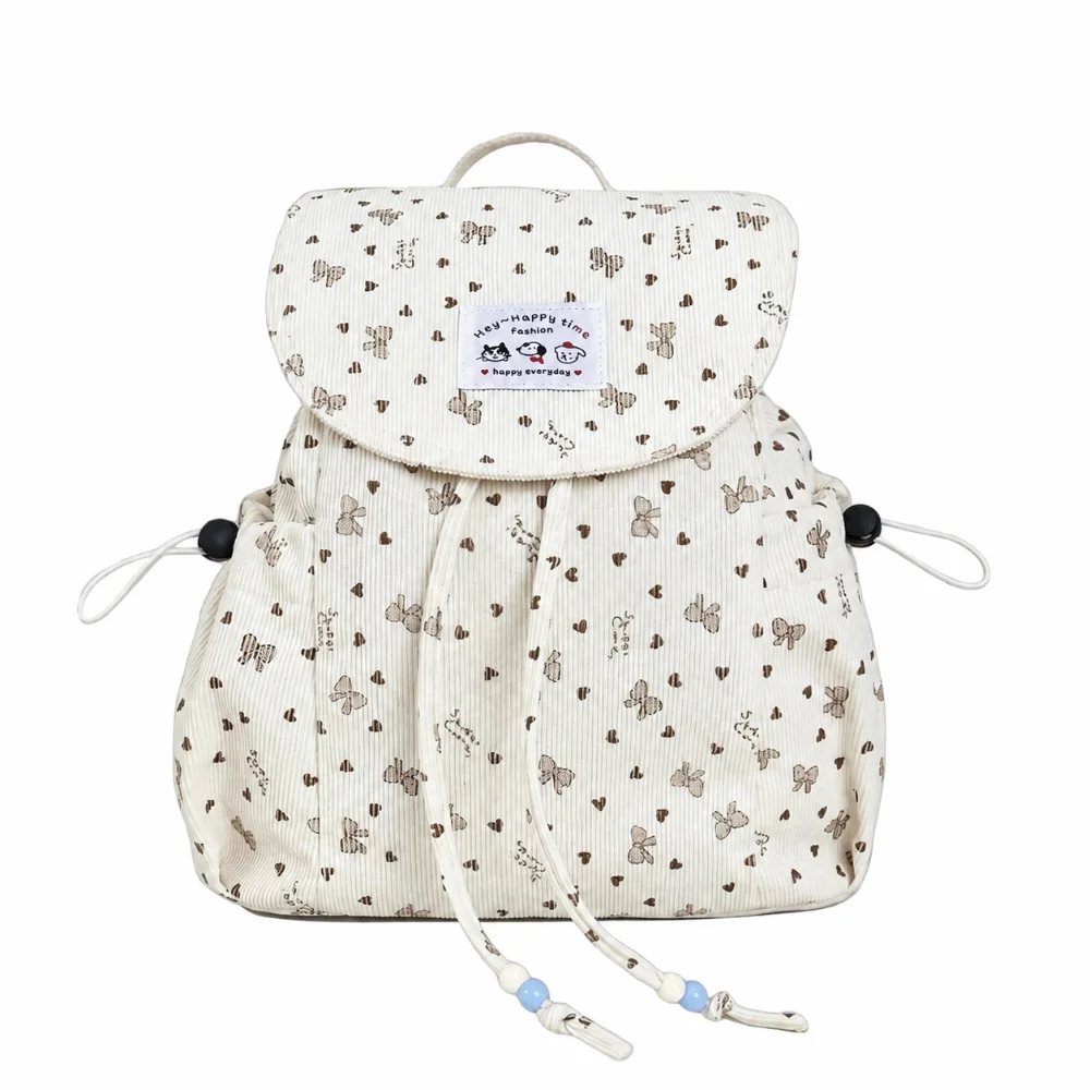 Stylish Lightweight Bow Print Corduroy Backpack Large Capacity Simple Design Drawstring Daypack Casual Versatile Bookbag School
