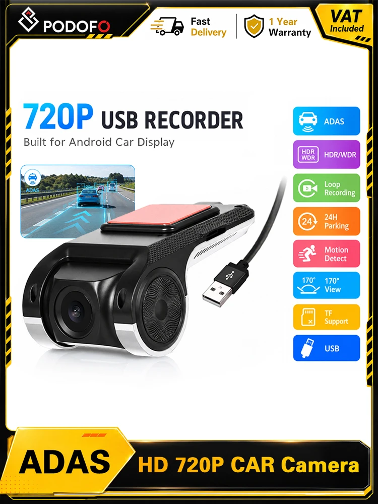 Podofo Großes Display USB-Autokamera, Fahrzeug-Videorekorder, Dashcam, ADAS, LDWS, FCWS, Sprachalarm, Fahrwarnsystem, Weitwinkelobjektiv, 720P, Loop-Aufnahme, für Android-Multimedia-Player,