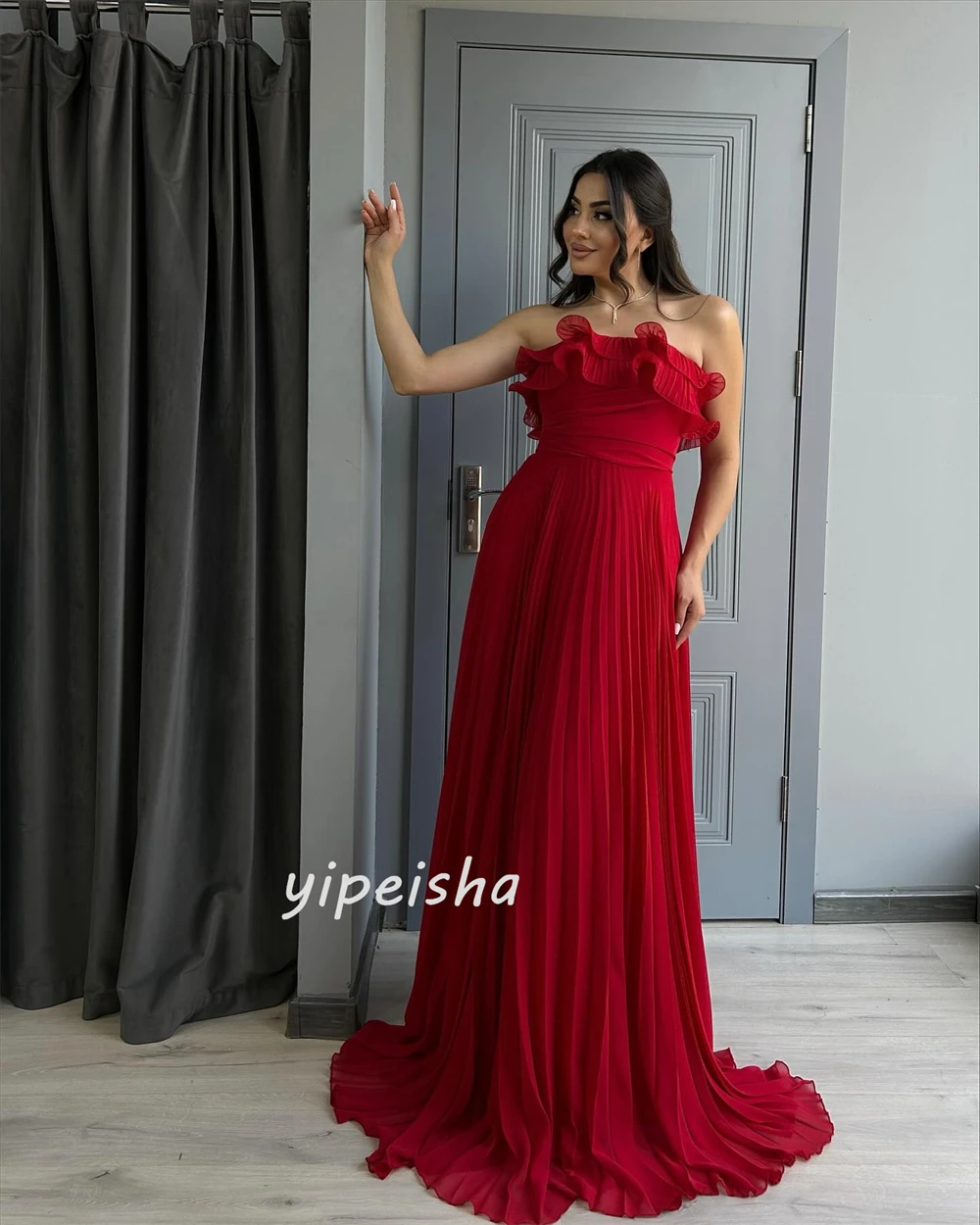 Robes longues froncées en mousseline de soie, personnalisées, de haute qualité, simples, plissées, droites, sans bretelles, robes d'occasion sur mesure, tailles disponibles