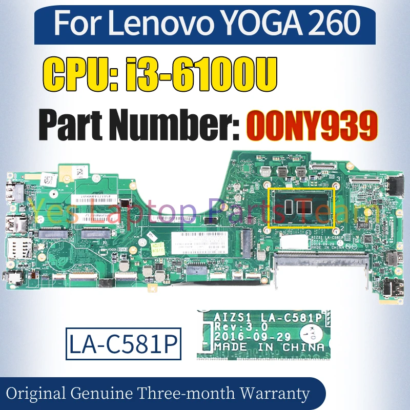 Aizs1 la-c581p motherboard para lenovo yoga 260, 00ny939, sr2eu, i3-6100u, 100% testado