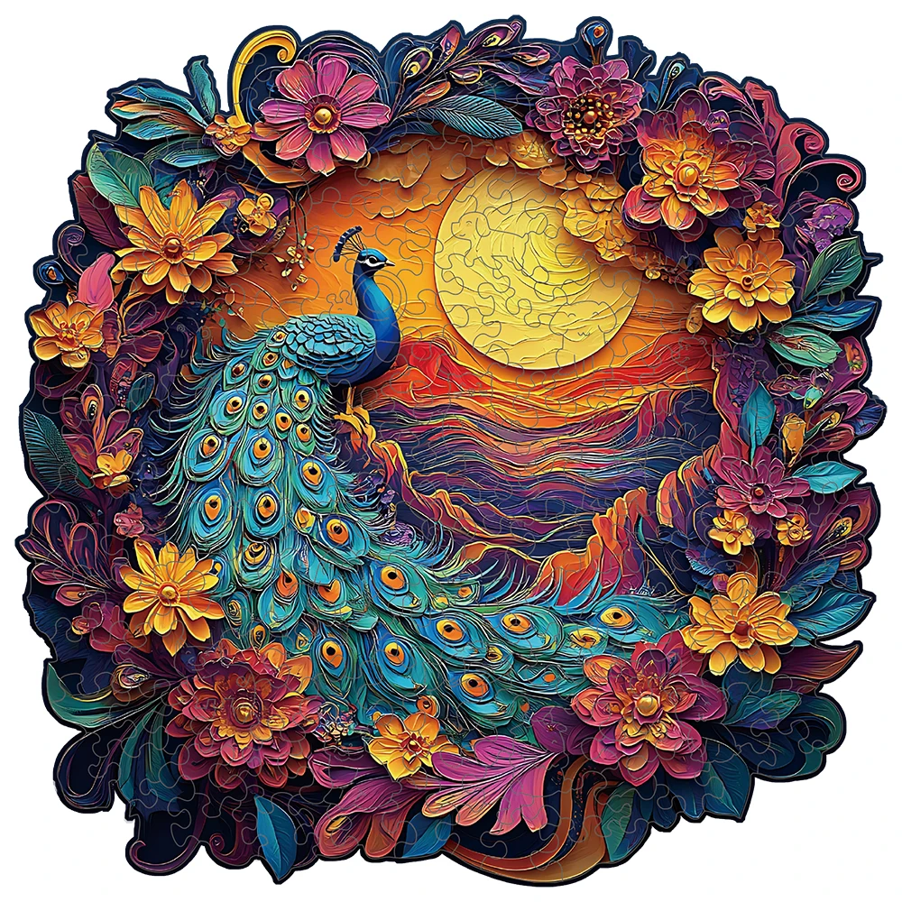 Wooden Puzzle for Adults - A Wreath Peacock Puzzle, Unique Shape Wooden Jigsaw Puzzles, Modern Art Home Decor, Good Gift Idea