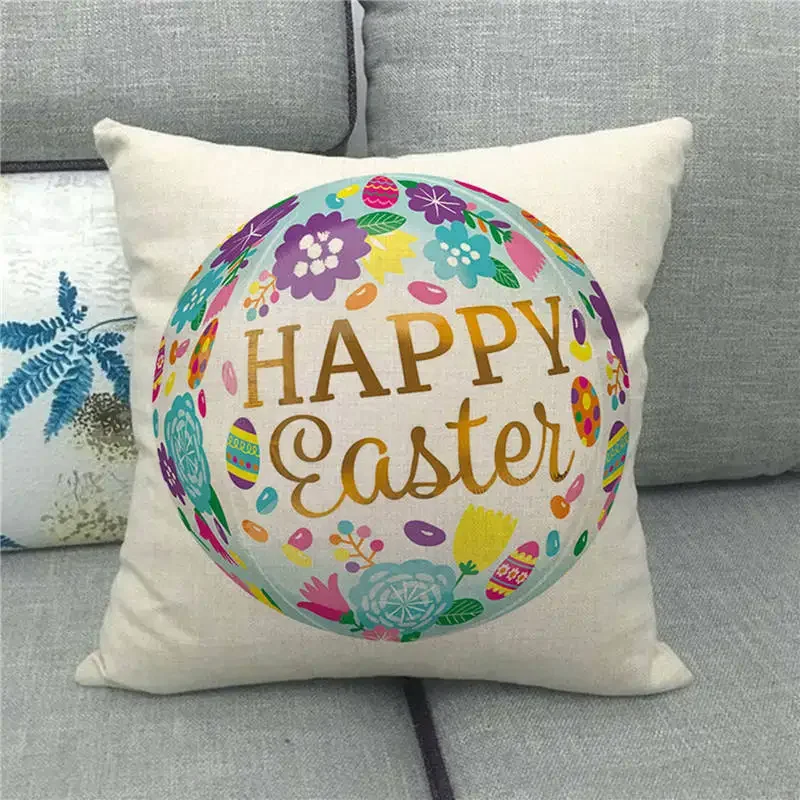 Easter Cushion Cover Cute Rabbit Egg Print Pillowcase Ornament Hare Flower Pillowcase