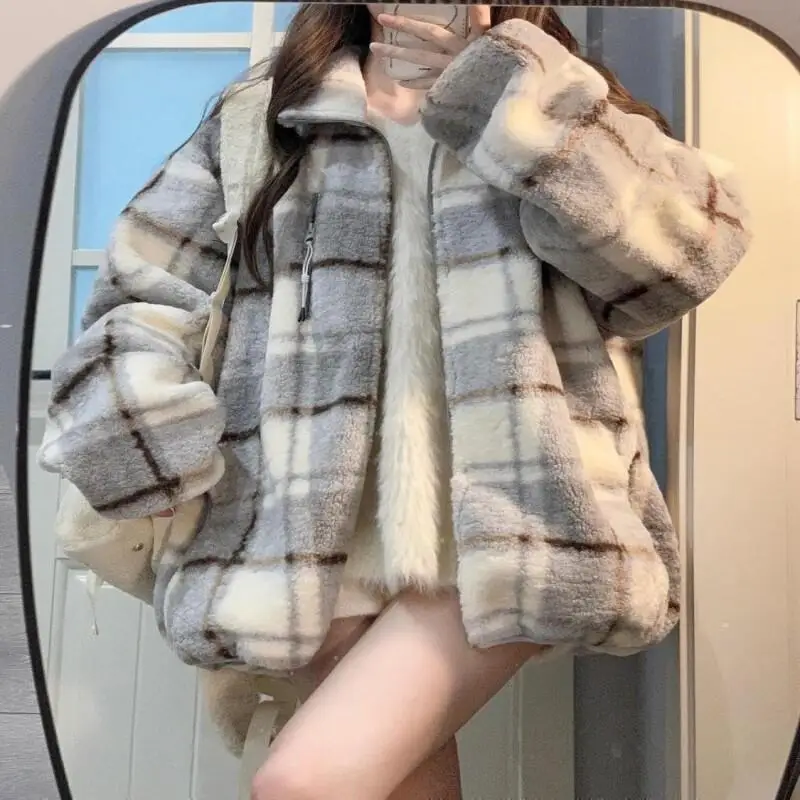 الخريف الشتاء النمط الأمريكي الرجعية منقوشة الوقوف طوق كم طويل صوف مبطن معطف سميك فضفاض متعدد الاستخدامات #1