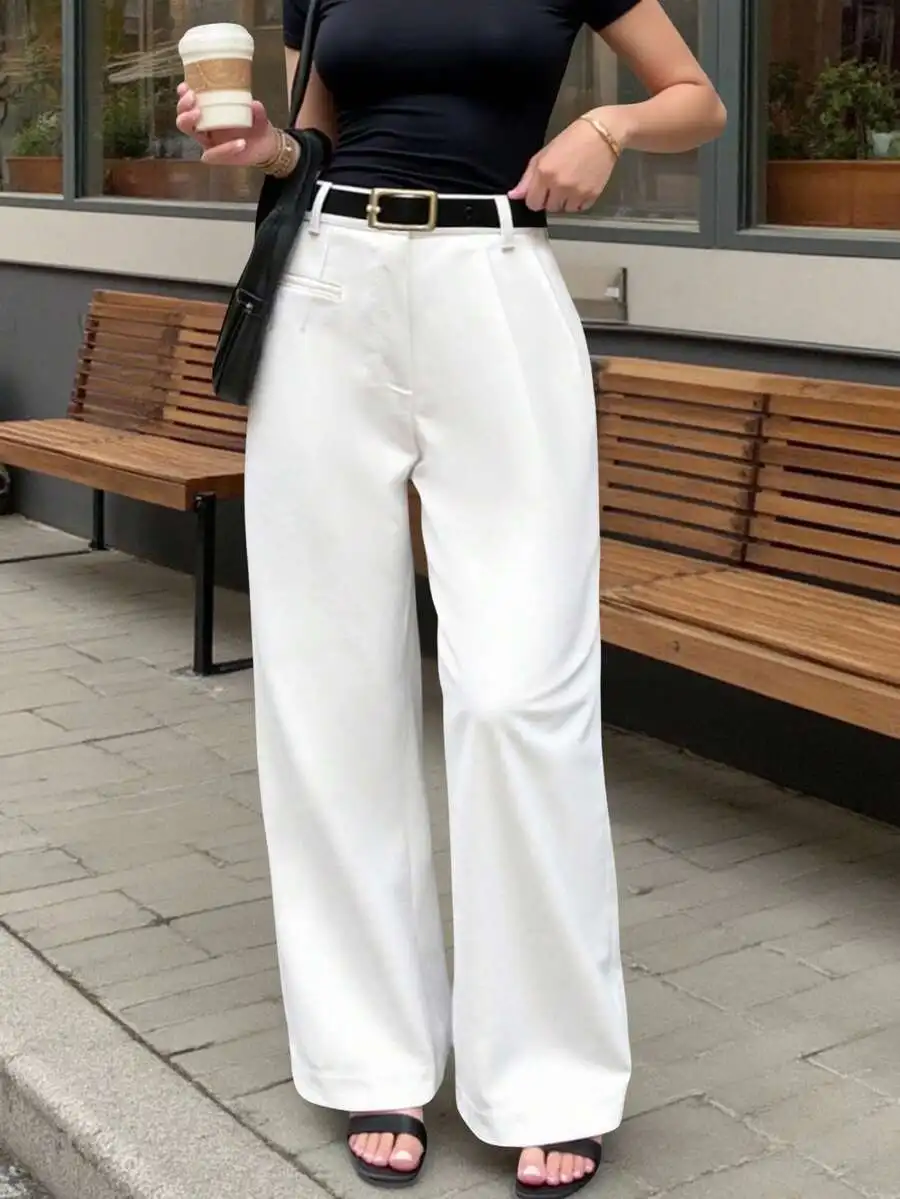 

Women's High-Waisted Wide Leg Solid Color Casual Trousers