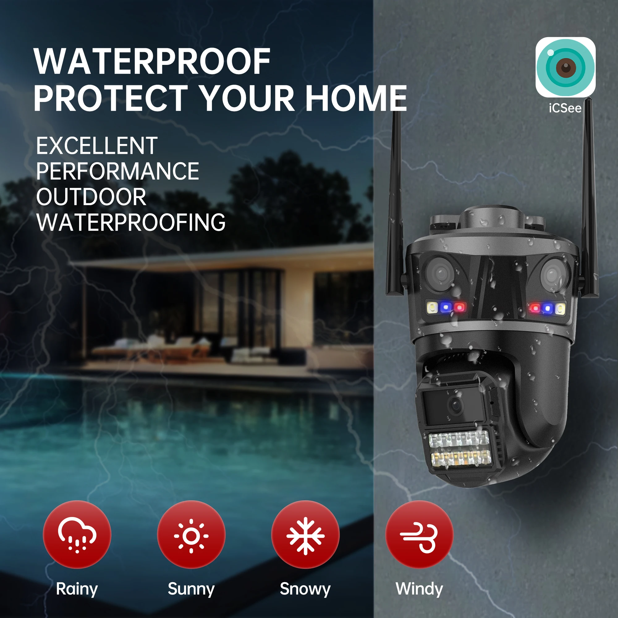 Telecamera IP WIFI 6K HD a tre obiettivi per esterni Telecamera PTZ a tre schermi Ai Rilevamento umano IP66 Video sorveglianza CCTV impermeabile iCsee