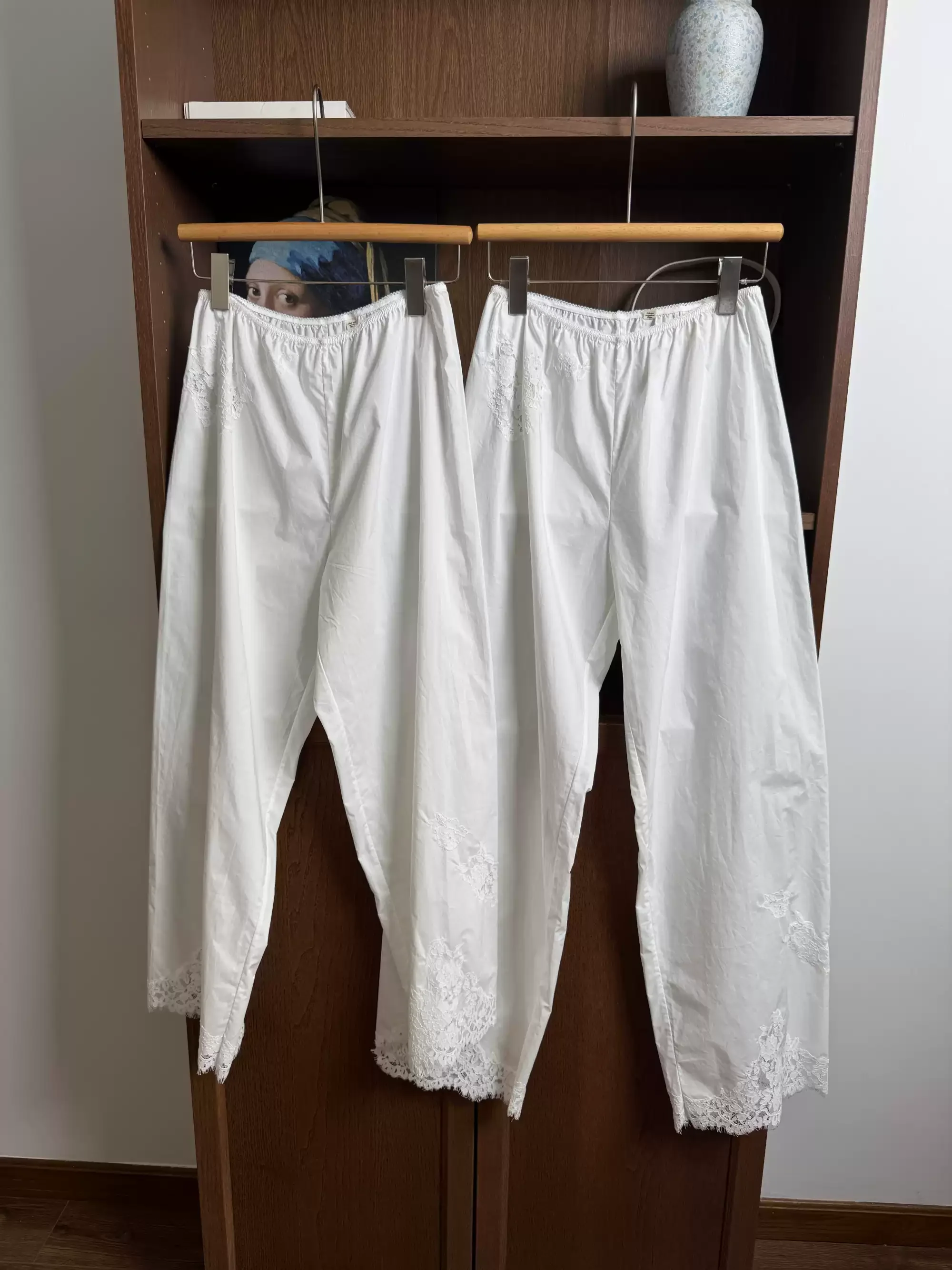 2026 New Women Lace Embroidery Trousers 100% Cotton Solid Color Elastic Waist Fashion Wide Leg Pants
