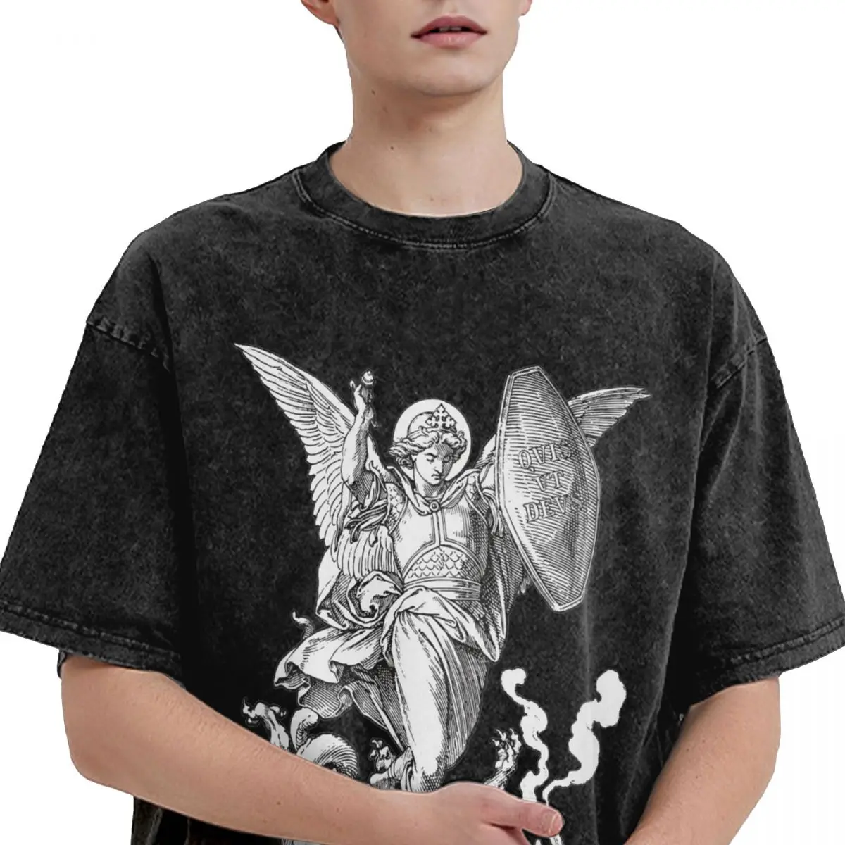 الرجال القديس مايكل تدمير الشيطان الكاثوليكية المسيحية تي شيرت المسيحية تيز الشاطئ تي شيرتات قصيرة الاكمام س الرقبة التي شيرت #2