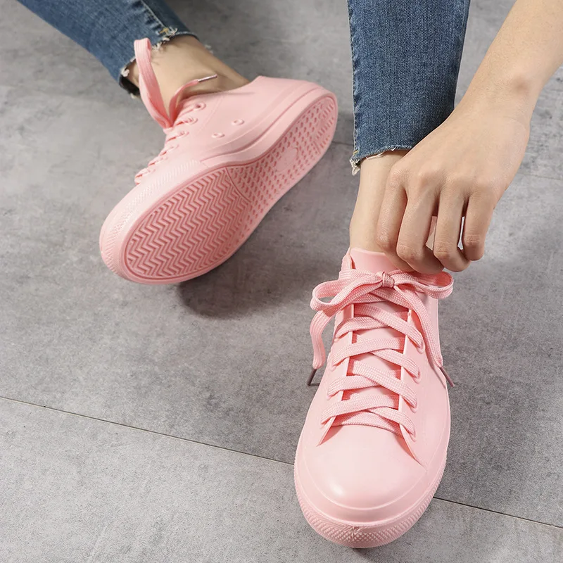 Waterproof Rubber Shoes Women Casual Sports Lace-up Vulcanized Rain Shoes Ladies Sneakers Flats Work Footwear Zapatos De Mujer