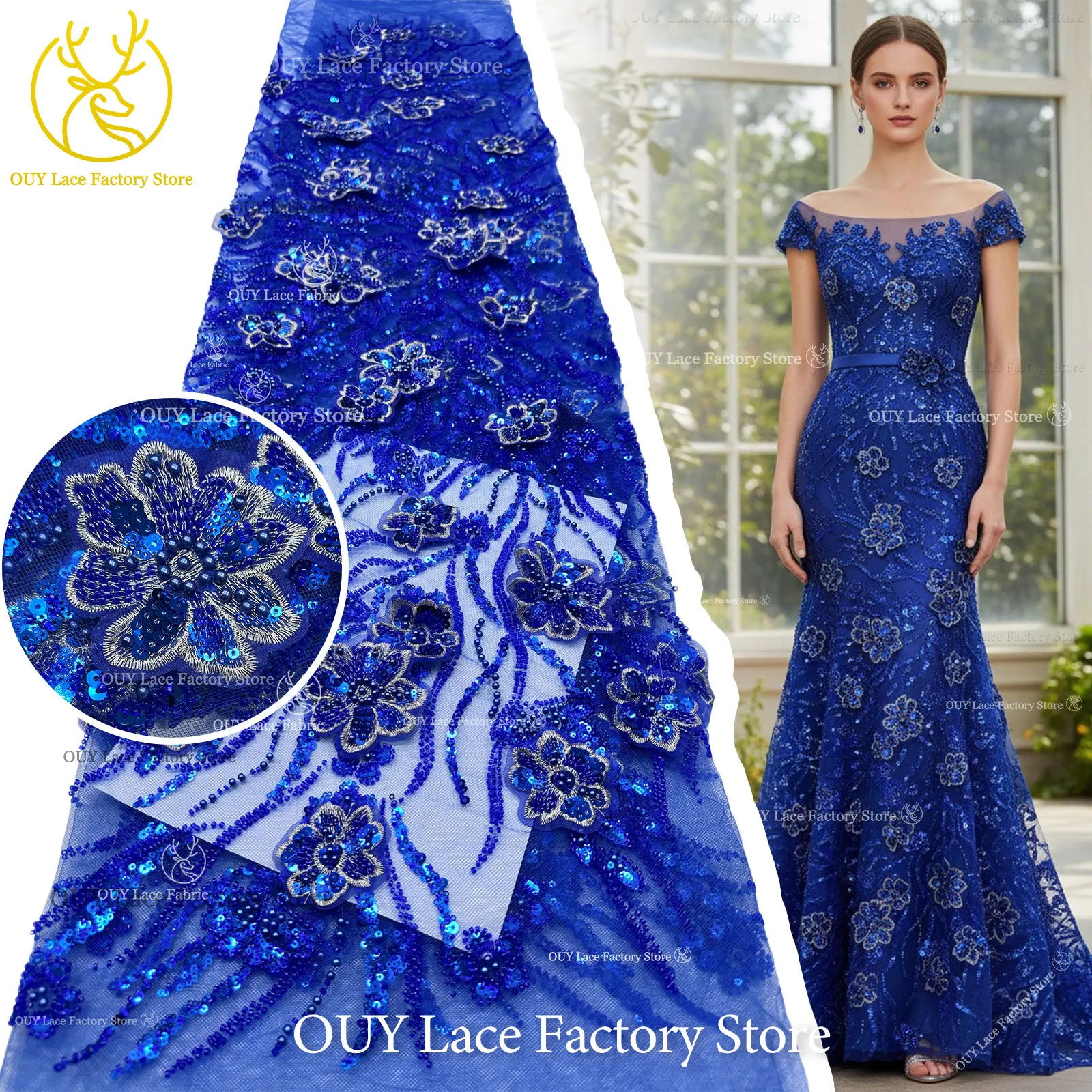 

3D Royal Blue African Embroidery Lace Beaded Lace Fabric 2026 High Quality Nigerian Sequins French Lace For Women Wedding Dress