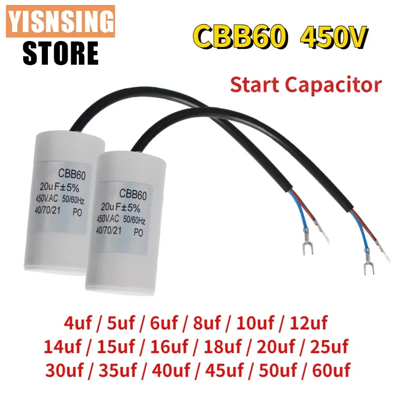 

1PCS CBB60 Capacitor 450V AC Motor Run Capacitors 4/5/6/8/10/12/14/15/16/18/20/30/35/40/50/60UF for Washing Machine, Water Pump