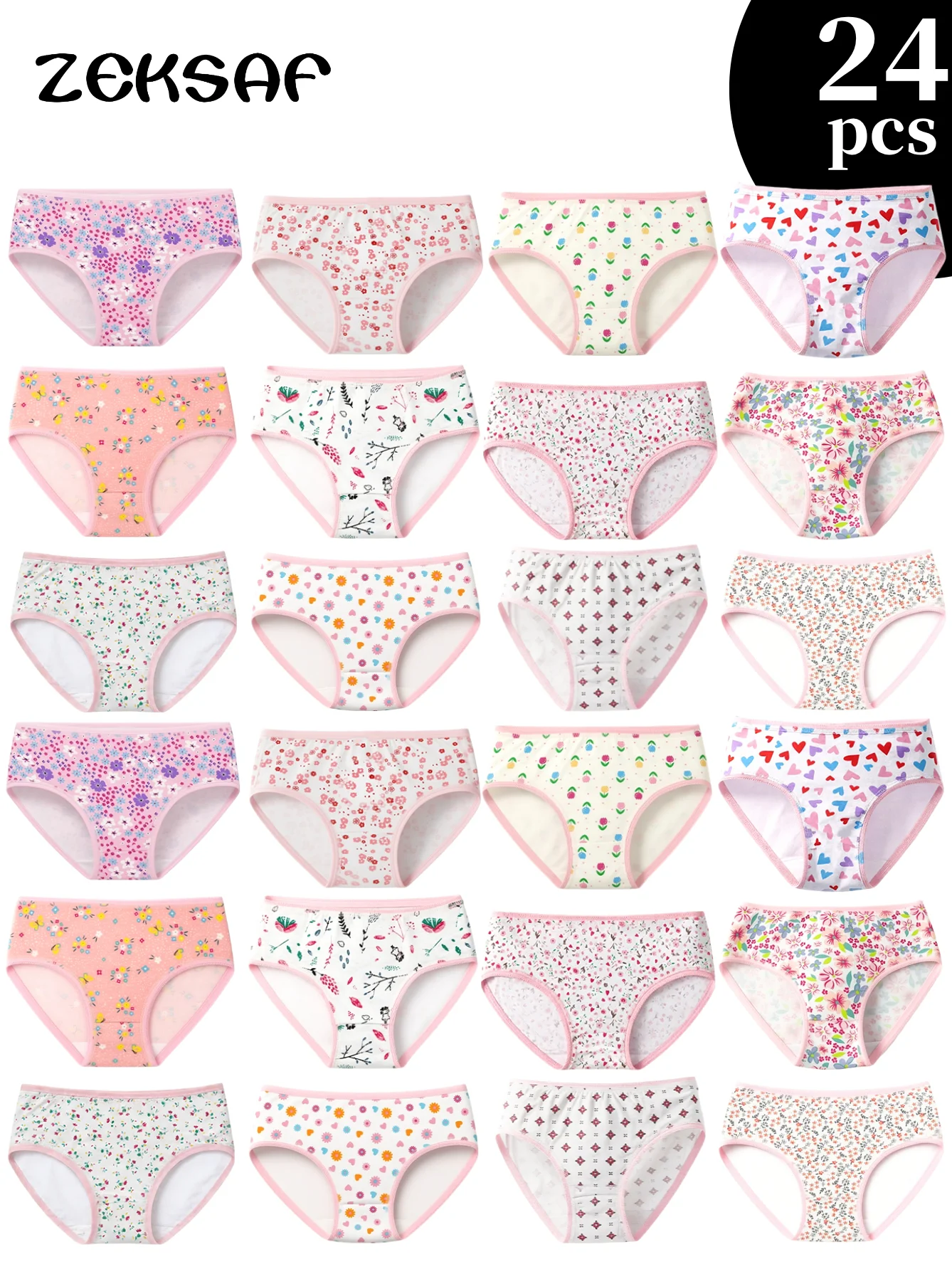 ZEKSAF 24er-Pack Mädchen-Slips mit Niedlichen Rosa Herzen & Blumenmuster, 100% Baumwolle, Weiche Kleinkinder-Unterwäsche