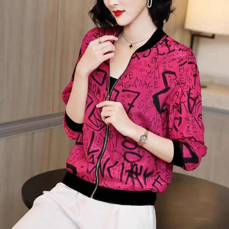 Summer New Thin Printing Short Cardigan Tops Long Sleeve Zipper Patchwork All-match T Shirts Vintage Fashion Women Clothing