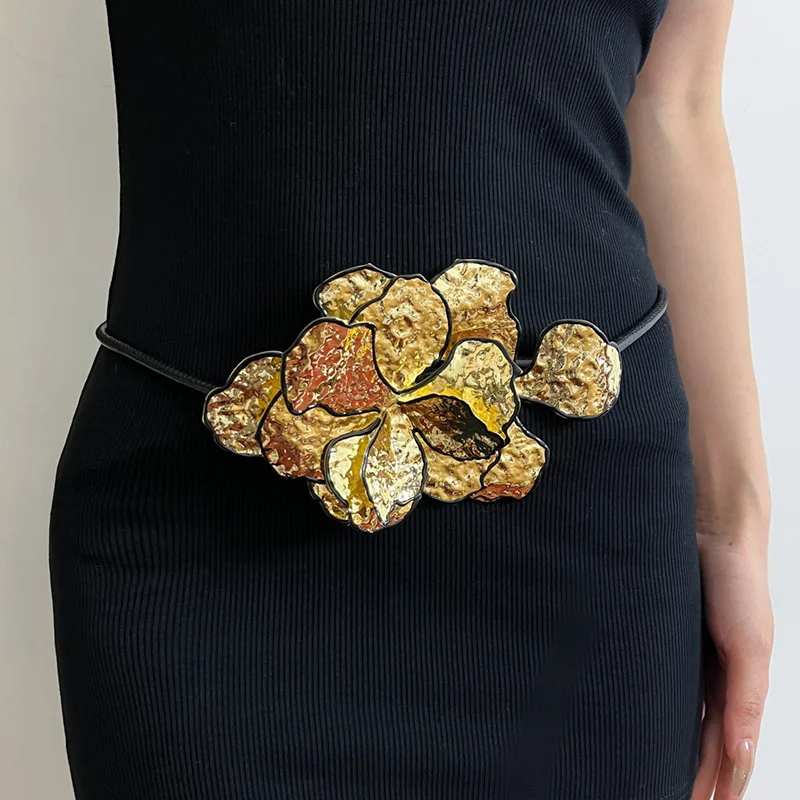 Cintura con fiori di tulipano dorato stile retrò per gonne da donna, jeans, decorazioni, catene in vita, accessori per gioielli, regalo