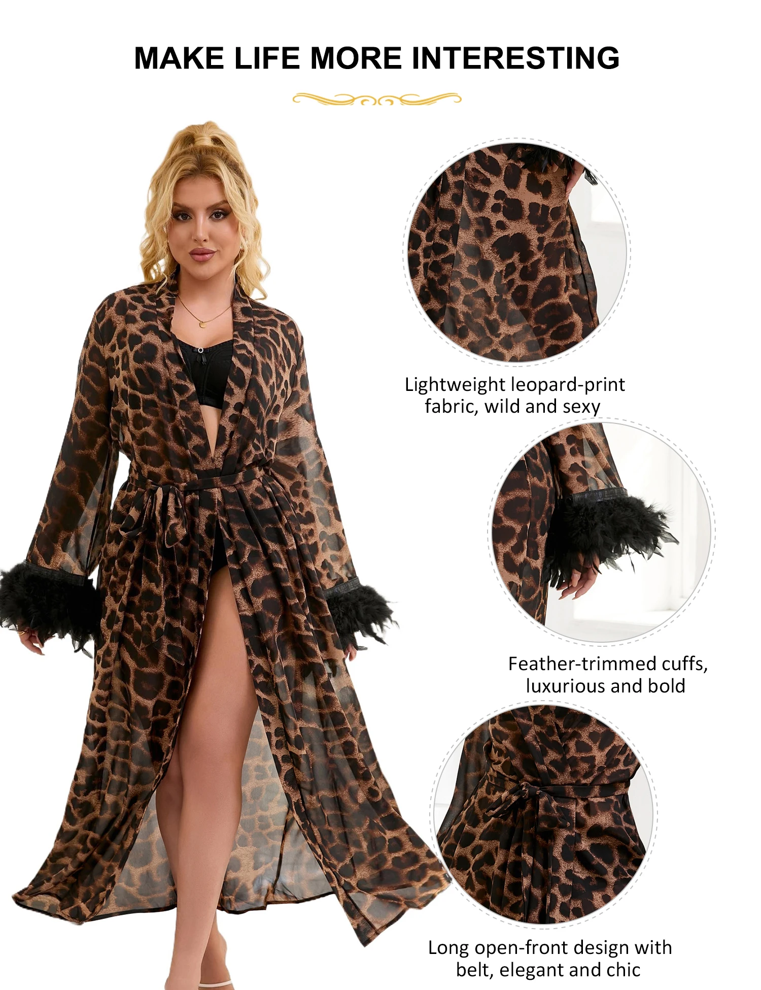 Noite feminina peignoir longo robe lingerie com cinto sexy leopardo impressão chiffon pena vestidos de casamento camisola roupas femininas