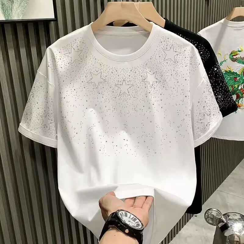 Korean Fashion Luxury Summer Pure Cotton New Men\'s Solid Color O-Neck Diamonds Minimalist Casual Short Sleeve Slim T-Shirts Tops