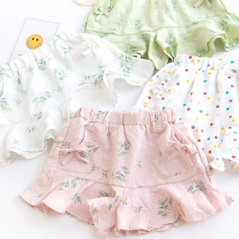 Children's Short Pant For Girls Cotton Print Kids Girl Shorts Summer Thin Sweet Pocket Bow Short Trousers 3-8T Clothing Outwear