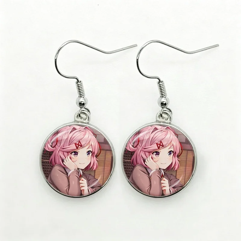 Glass Cartoon Character Natsuki Women Dangle Earrings Fashion Drop Earrings Anime Glass Cabochon Lady Earrings Jewelry