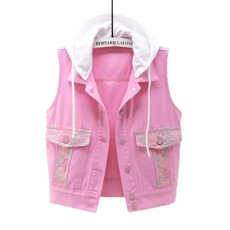 

Denim Vest Women's Thin Spring Summer Clothes Lace Embroidered Pocket Short Female Pink Waistcoat With Detachable Hat E19