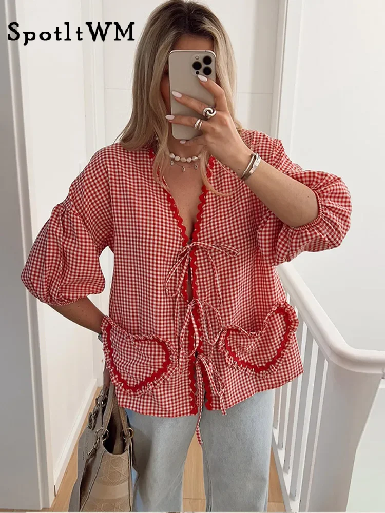 Fashion Plaid Bow Lace Up Tops For Women Casual V Neck Half Puff Sleeve Heart Shape Pocket Blouse Chic Sweet Female Street Shirt