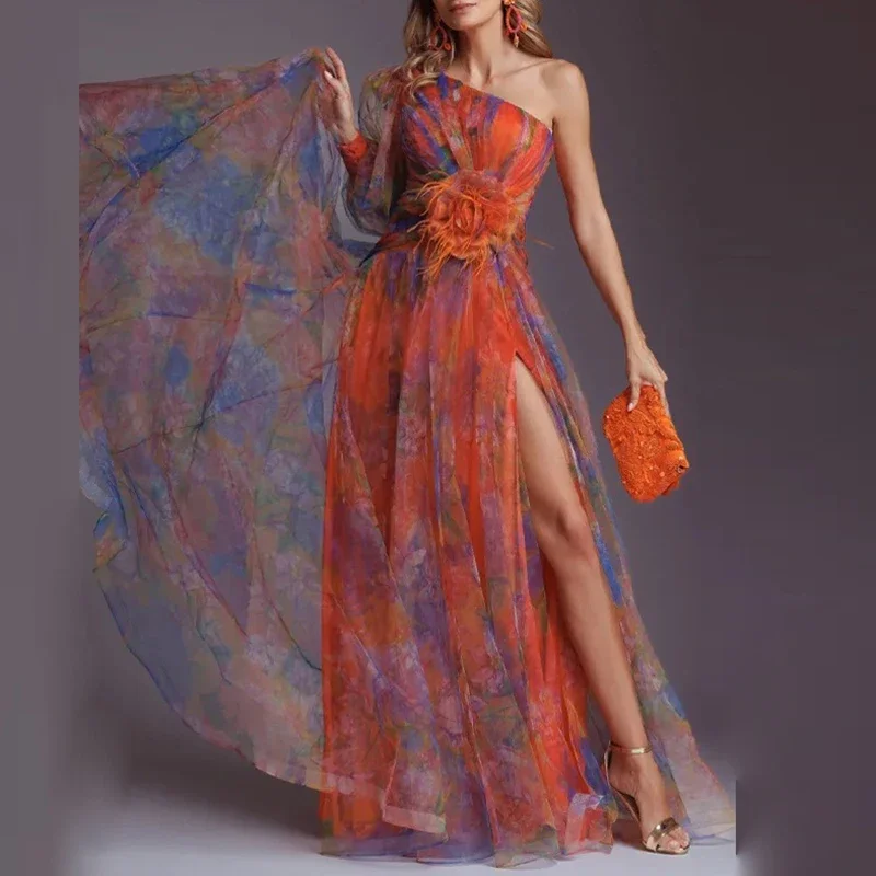 Women's Mesh Evening Dress Vintage Pattern Printed High Waisted Long Dress New One Shoulder Pleat Banquet Swing Dress for Female