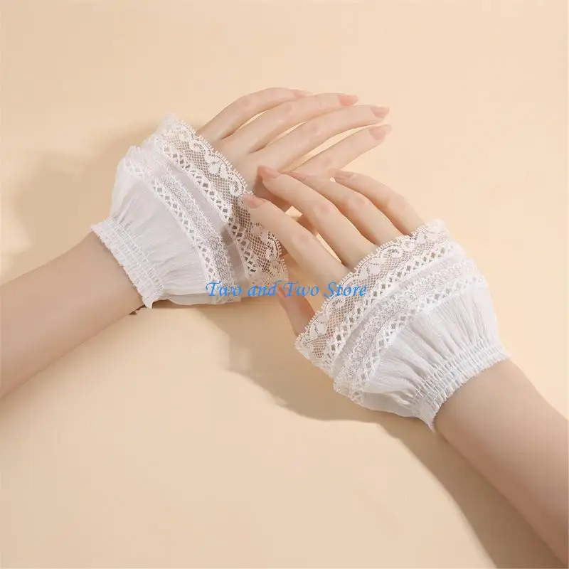 HX6F White Lace Sleeve Accent Cuffs for Women Elastic Wrist Pair Set