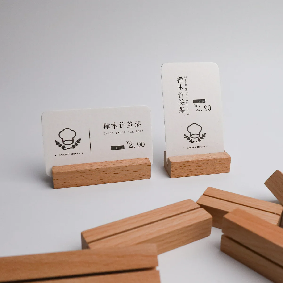 Solid Wood Price Tag Stand Holder, Walnut & Beech Wooden Table Card Display Rack for Bakery Cafe Retail Shop Price Label