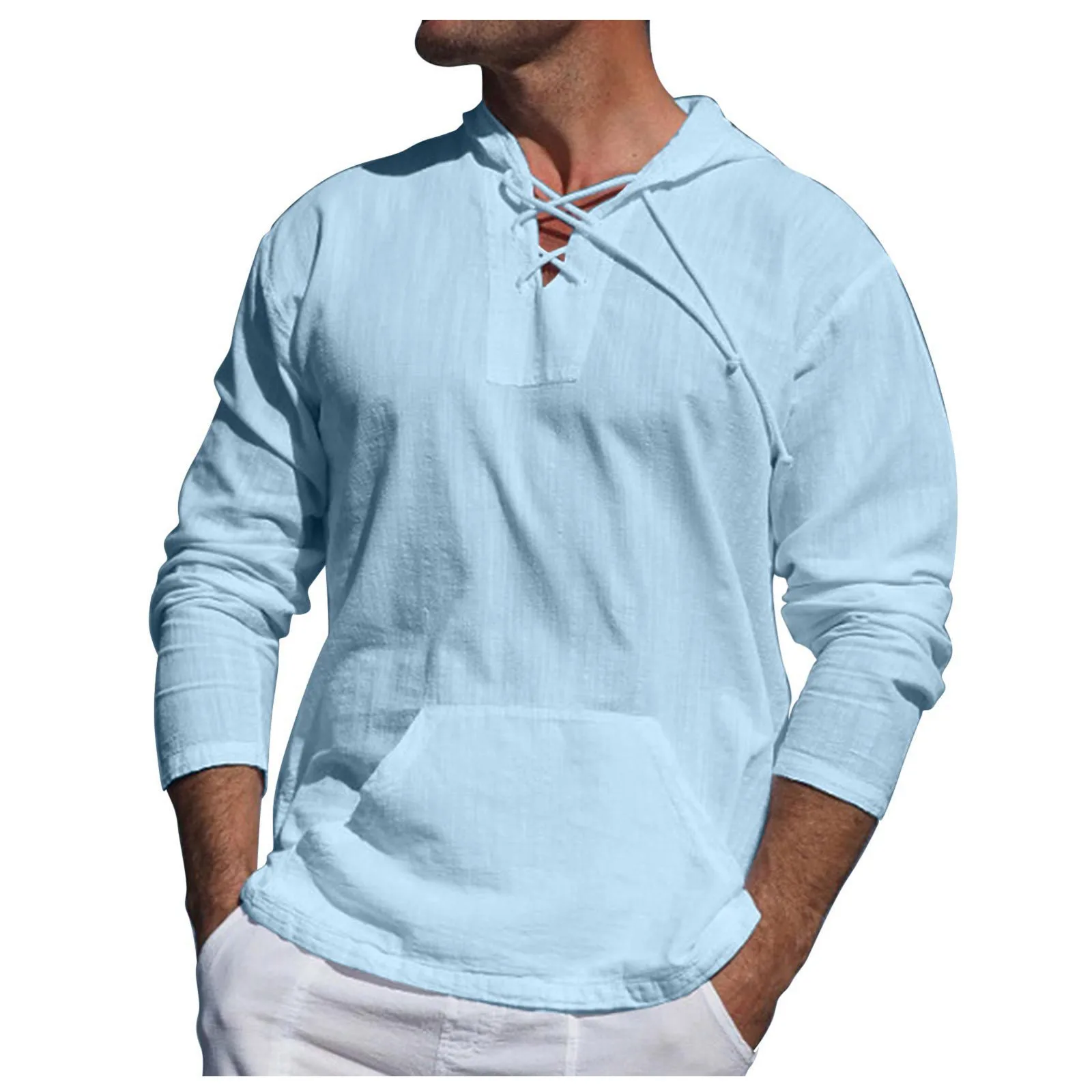 Men Hooded Linen Shirts Long Sleeve Breathable Men\'s Baggy Casual Linen Shirts Solid Color Linen Shirts Mens Lace Up Collar Tops