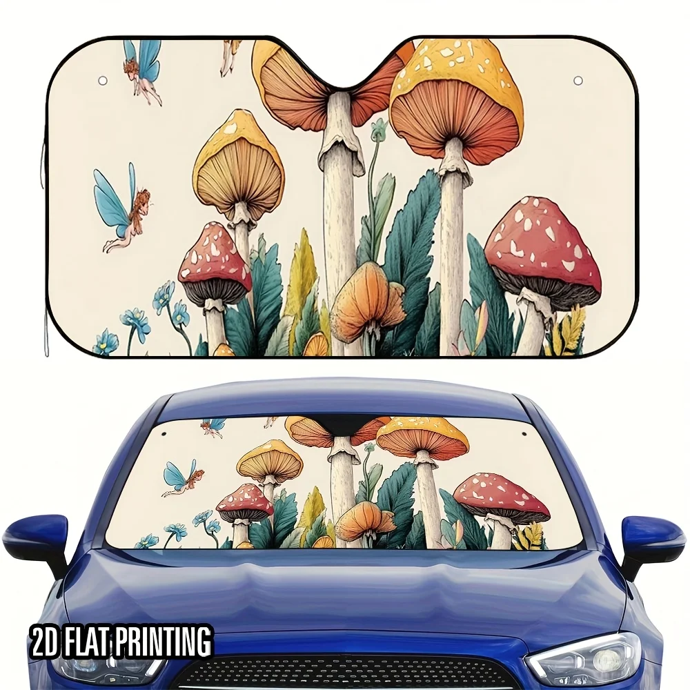 2D Flat, 1pc 2D Flat Halloween Mushroom Elves Car Sunshade - Fit Windshield Sun Visor With Vibrant Mushroom & Fairy Design, Keep