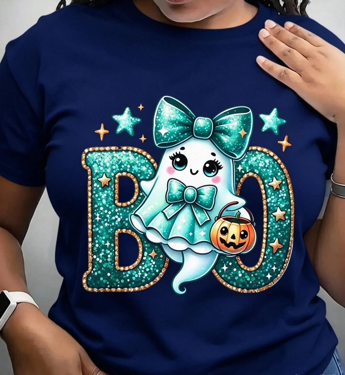 Cotton 100% Halloween Womens T-Shirt Cute Ghost With Bow Pumpkin Bucket Boo Letter Print Short Sleeve Casual Graphic Tee