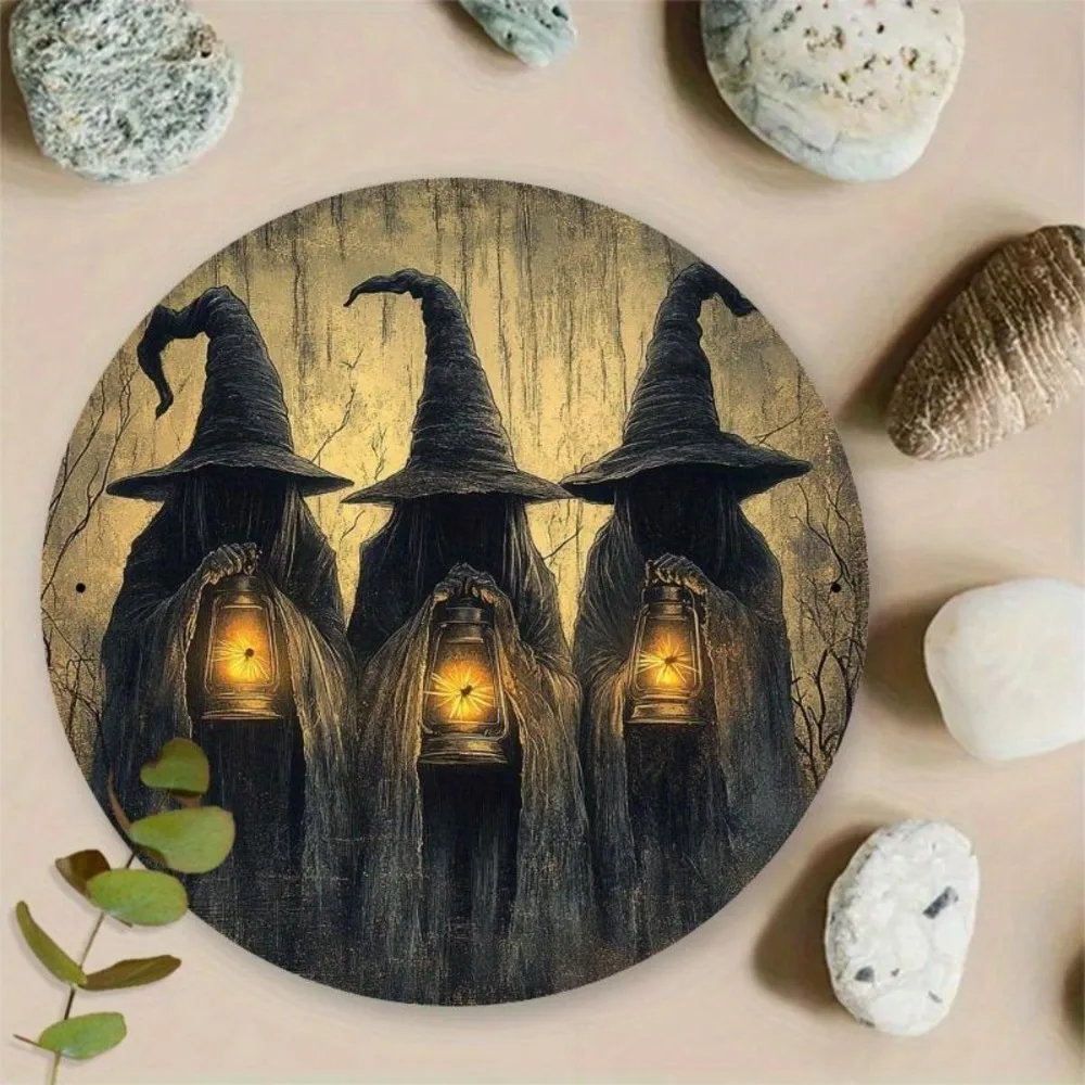 Letrero Redondo de Metal Vintage con Tres Brujas y Linternas, Placa Decorativa de Pared con Temática Gótica de Halloween, Resistente al Agua, Estilo Rústico