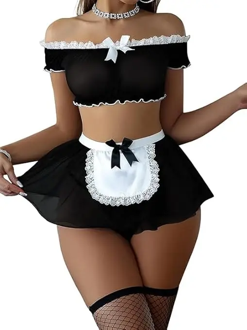 Sexy Maid Outfit Lingerie Underwear Fancy Women Erotic Mesh Lace Outfit Fantasy Mini Skirt Set Cosplay Women Halloween Costumes