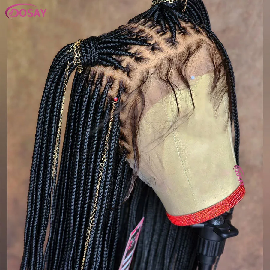 Wig kepang kotak panjang sintetis 36 inci Wig kepang lurus renda penuh Wig kepang Cornrow Burgundy tanpa simpul Wig kepang dengan rambut bayi